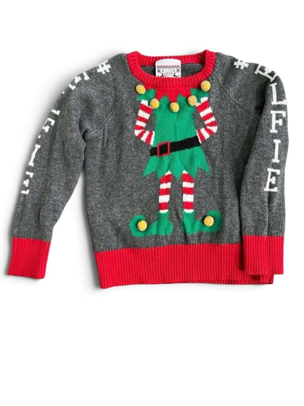 Well Worn Holiday Sweater Infant Little Elf Gray "Elfie" On Sleeve Christmas